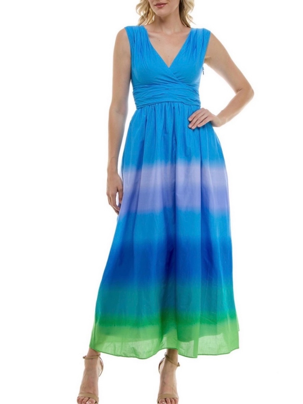 Taylor Blue Ombré Colorful Striped V Neck Sleeveless Cotton Maxi Dress